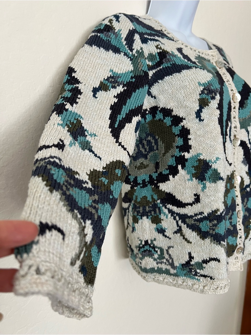Peruvian Connection- Womens Cream Multi Floral Pima Cotton Sweater